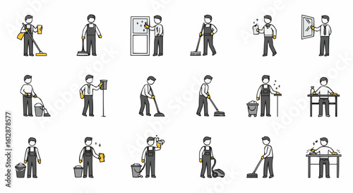 Diverse cleaning staff engaged in various tasks, presenting a comprehensive range of sanitation activities.