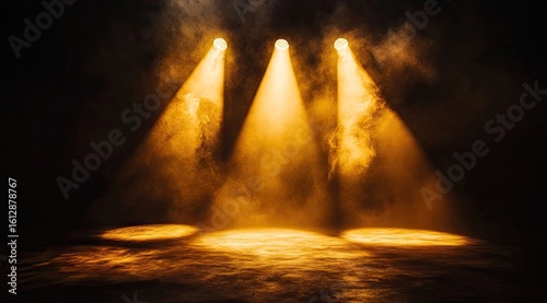 Three spotlights illuminate a smoky stage  2 
