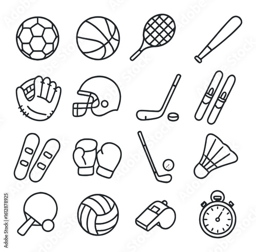 Collection of sports equipment icons on gray background