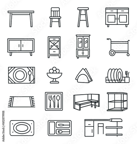 Vector line icons of furniture and home decor elements collection