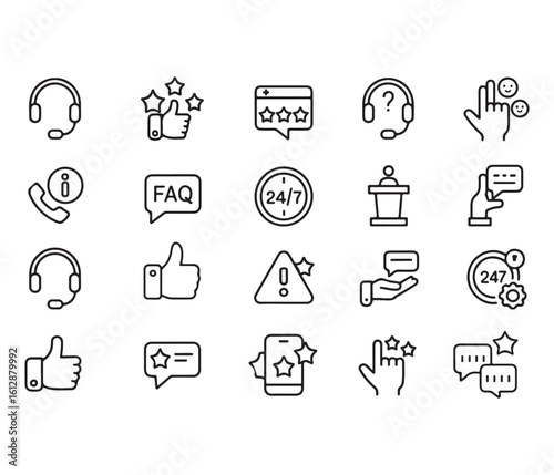 Customer service and support line icons for business assistance and problem solving available twenty four seven