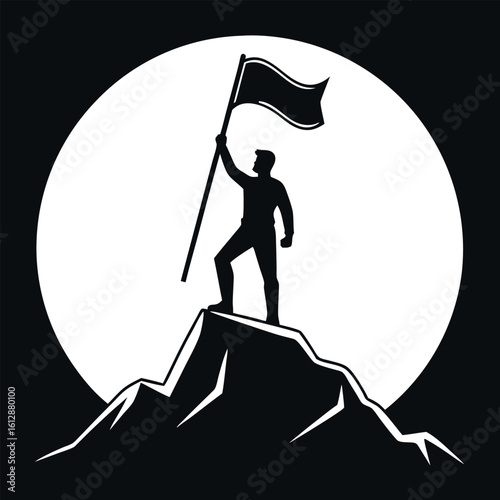 Man plants a flag on a mountain peak against a big white moon