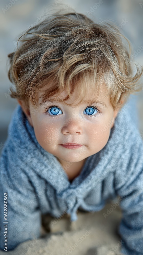 Charming toddler with bright blue eyes and curly hair playing on the beach during a sunny day Charming toddler with bright blue eyes and curly hair playing on the beach during a sunny day