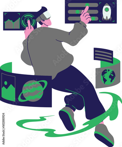 Virtual Reality Experience in Futuristic Space Interface. snowboarder jumping on a snowboard.
