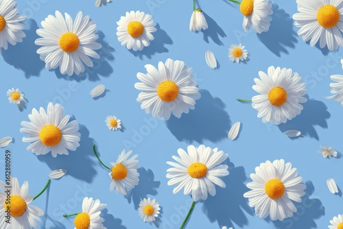 White daisy flowers on blue background with striking shadows pattern. Use it for spring designs, backgrounds, or anything floral and vibrant.