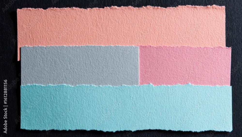 Fototapeta premium Overlapping rectangular paper scraps with torn edges. The colors include peach, gray, pink, and blue. A dark background creates contrast
