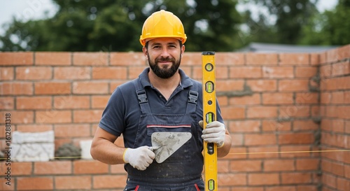 Construction worker with level and trowel