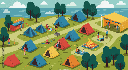 A serene flat design illustration showcasing the vibrant camping area of Festival, complete with colorful tents and stylized trees. 