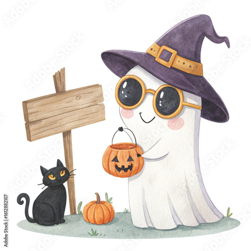 Cute kawaii ghost witch hat hugging a smiling jack-o-lantern pumpkin sign wooden