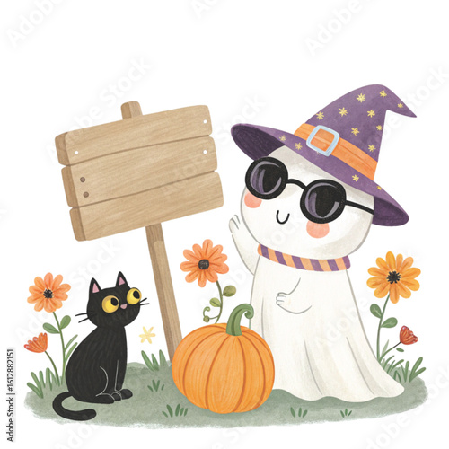 Cute kawaii ghost witch hat hugging a smiling jack-o-lantern pumpkin sign wooden