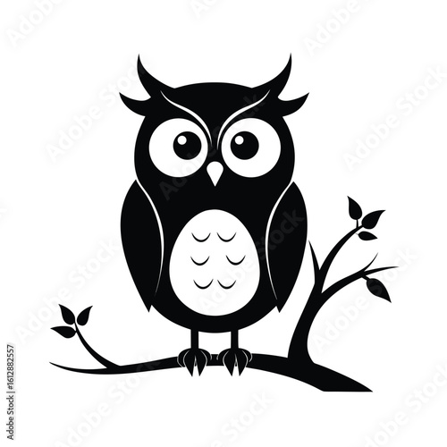 Elegant owl perched on a tree branch silhouette against a clean white background