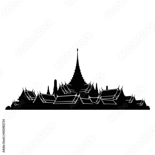 A black silhouette vector graphic of a traditional Thai temple complex skyline, featuring an iconic stupa and ornate roofs