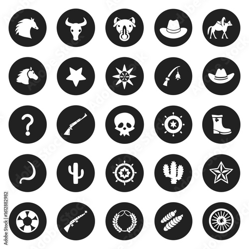 Collection of black and white western themed icons in circular frames horse
