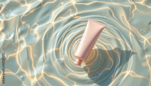 Floating aesthetic cosmetic tube mockup in water product photography calm environment top-down view