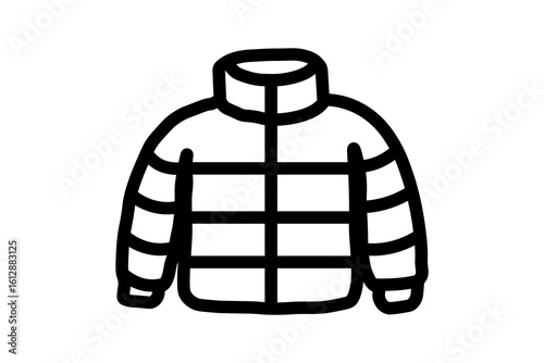 The image shows a black outline of a puffer-style winter jacket on a white background. The jacket has a high collar and is segmented with horizontal and vertical lines, giving it a quilted or padded l