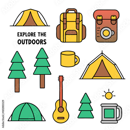 Whimsical hand drawn camping icons with trees backpacks tents guitar and mugs vector