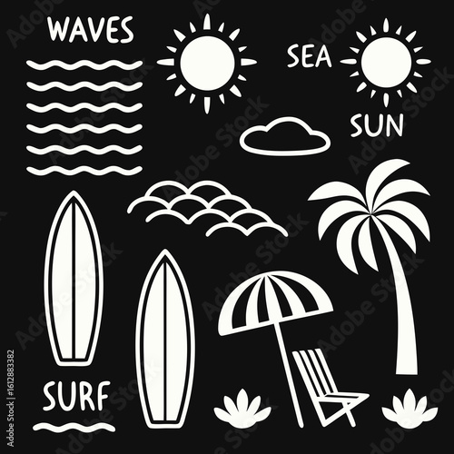 White hand drawn beach vacation elements on black background with text summer surf