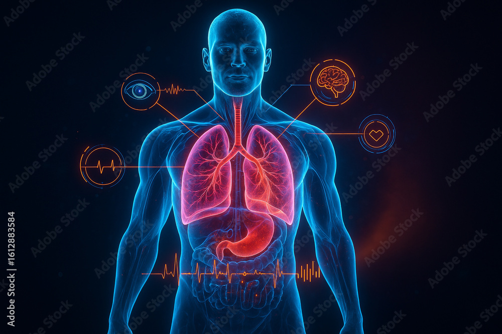 AI generated ultra realistic holographic anatomy of respiratory and circulatory systems showing digital diagnostics with neon blue and pink glow in futuristic medical environment AI generated ultra realistic holographic anatomy of respiratory and circulatory systems showing digital diagnostics with neon blue and pink glow in futuristic medical environment