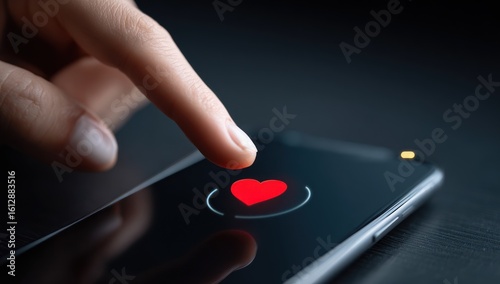 A finger touches a smartphone screen displaying a red heart symbol surrounded by a pulsating white circle. Focus is on the interaction and the digital expression of affection
