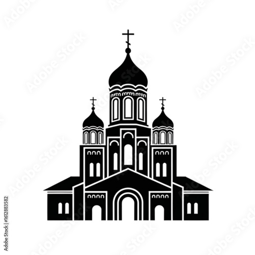 A majestic Eastern Orthodox cathedral silhouette with ornate onion domes and crosses. A vector icon of a historic religious building.