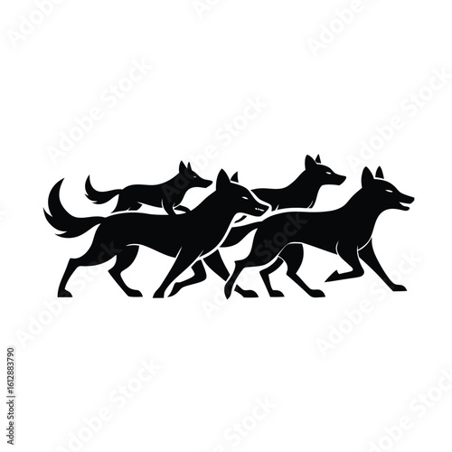 Dynamic illustration of a pack of wild dogs in pursuit of their prey against a clean white background