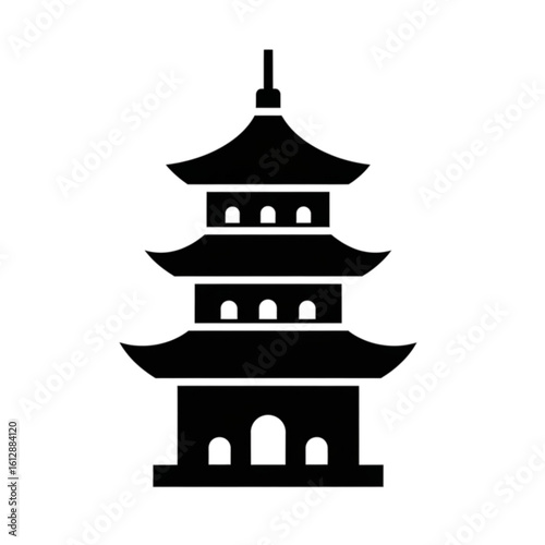 Minimalist black silhouette of a traditional Asian pagoda. A simple glyph icon representing Japanese or Chinese temple architecture and culture.