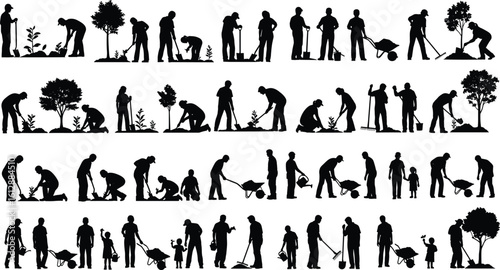 Silhouettes of people planting trees, gardening, family environment care, outdoor teamwork, eco-friendly lifestyle, nature conservation, community volunteer planting concept