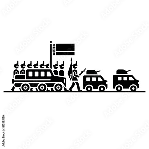 A minimalist icon of a military parade with soldiers, armored vehicles, and a flag. A vector graphic depicting a national celebration procession.