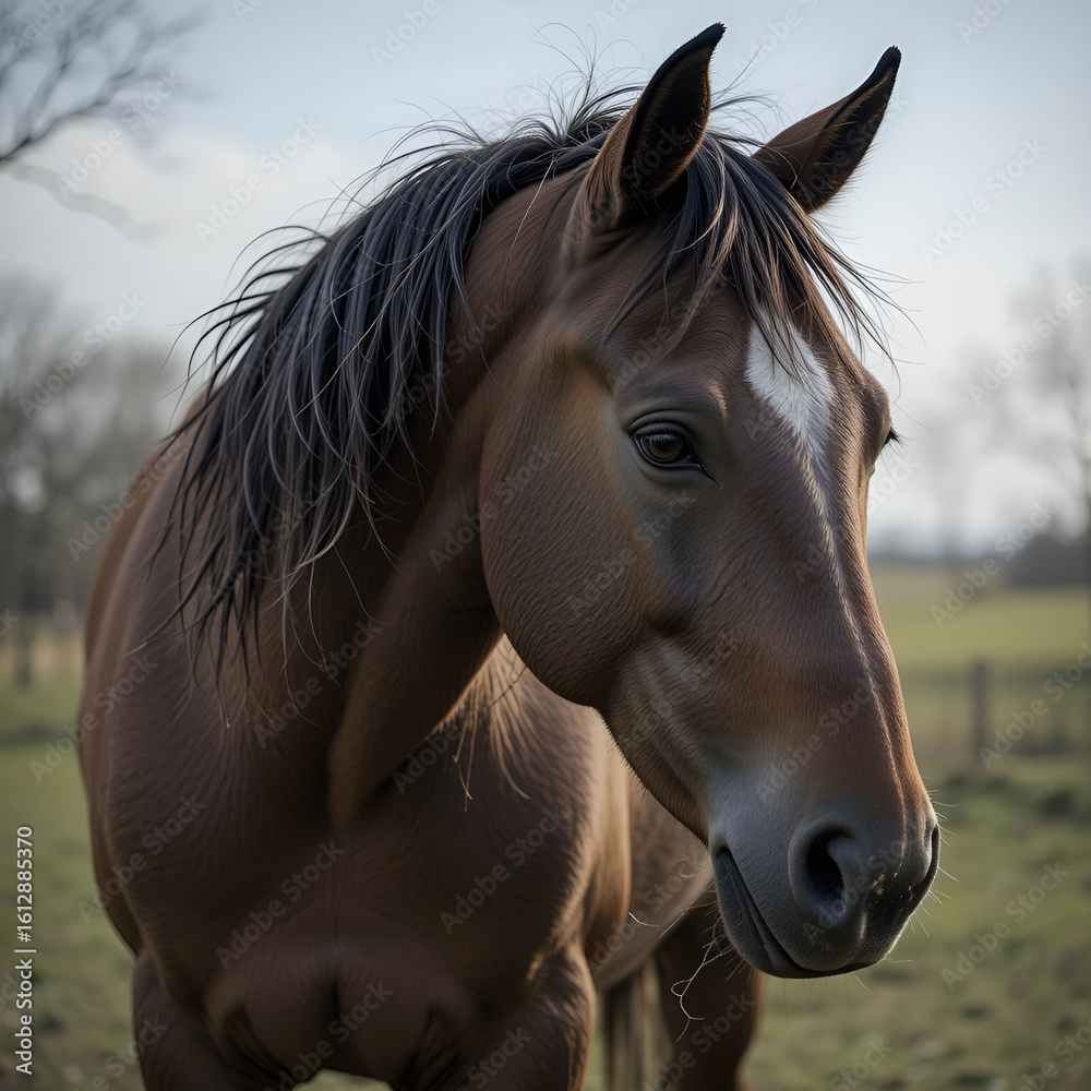 Obraz premium A majestic horse standing outdoors, surrounded by nature, highlighting its strength, grace.