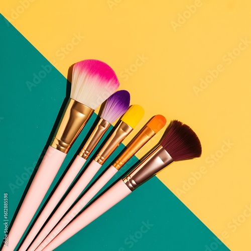 Five colorful makeup brushes on a yellow and teal background