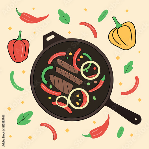Pan filled with sliced meat, onions, and peppers surrounded by various peppers and leaves