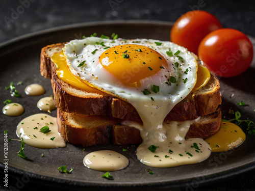 Toasted bread with fried egg and cheese sauce tomatoes