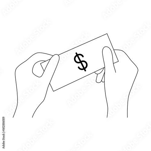 Line Art of Hands Holding Dollar Bill with Dollar Symbol. Minimalist black outline vector illustration of hands holding a banknote with a dollar symbol. Simple financial concept design.