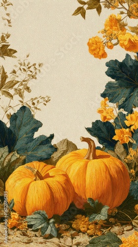 Vibrant pumpkins surrounded by autumn foliage in a serene garden setting
