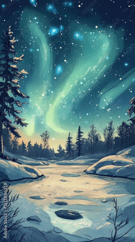 Naklejka premium Magical winter aurora borealis over frozen river