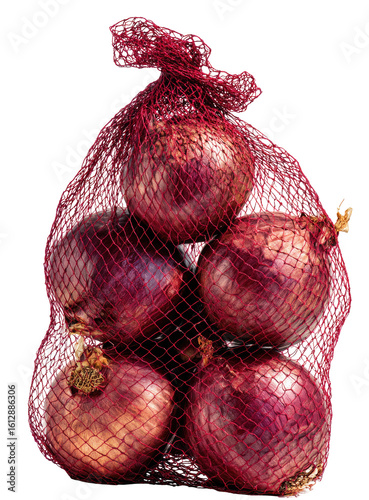 A mesh bag filled with red onions
