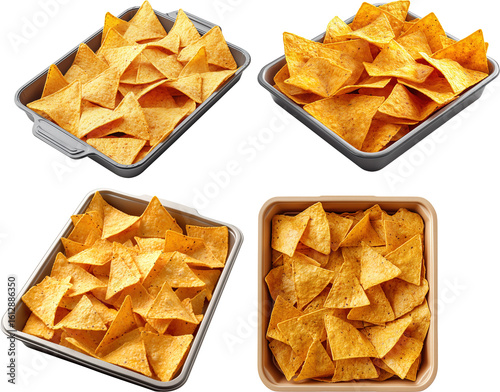 nachos isolated on transparent background, A collection of four trays of delicious, golden-brown tortilla chips, perfectly prepared for a flavorful snack or a festive gathering.
