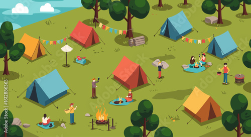 A serene flat design illustration showcasing the vibrant camping area of Festival, complete with colorful tents and stylized trees. 