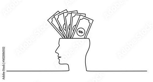 A continuous line drawing of a human head with a dollar bill. The concept of someone who is smart in business. Creative and brilliant ideas foster positive thinking.