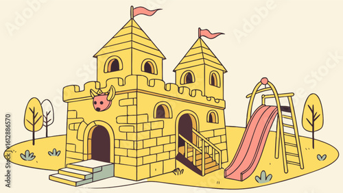 Children's playground with castle and slide illustration for kids play area and outdoor activities design