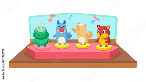 Cute animal musical toy display with frog dog squirrel and bear figurines for kids and collectors