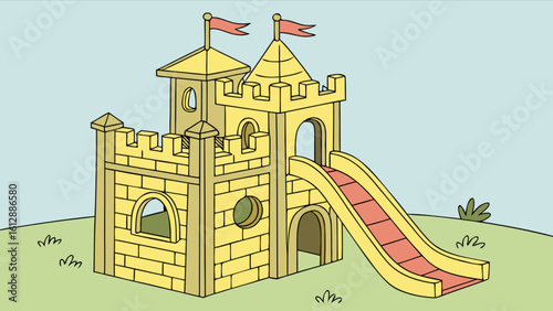 Illustration of a yellow playground castle with slide for kids outdoor play area equipment design