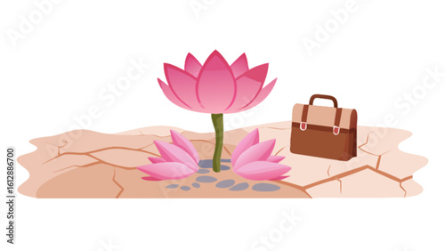 Lotus flower growing in dry cracked earth with briefcase business concept illustration vector design
