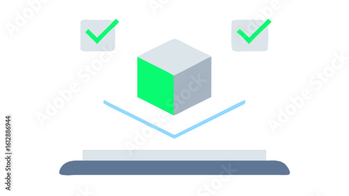 Isometric product validation process with checklist boxes and cube for product development 100