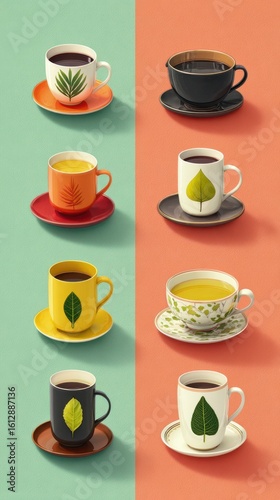 Different types of coffee cups arranged creatively with colorful backgrounds and unique leaf designs