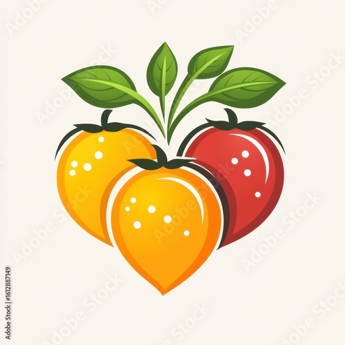 Colorful fruit illustration featuring vibrant yellow and red mangoes with green leaves on a light background