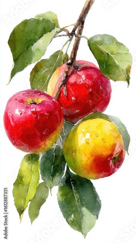 Red and yellow apples on a branch with leafy green background captured in a vibrant watercolor style