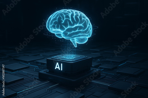 3D rendering of artificial intelligence digital brain and neural network chip on futuristic circuit board, representing deep learning, big data analysis, and advanced AI processing
