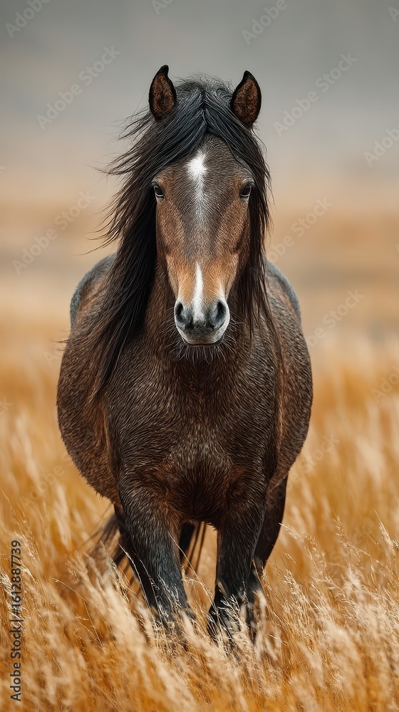 Fototapeta premium Majestic horse running through golden grass under a cloudy sky in a serene open field