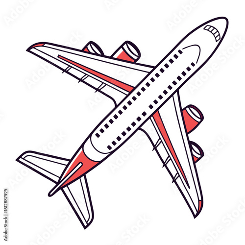 Red and white passenger airplane flies across the sky with a transparent background